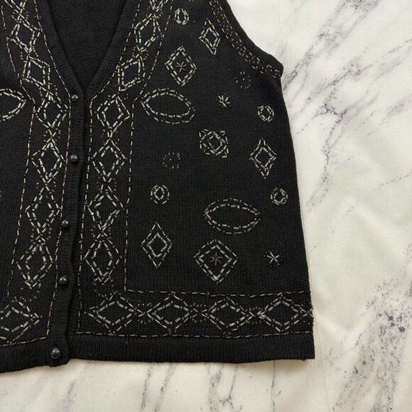 SML Sport Womens Vintage 90s Sweater Vest Size M Black Brown Floral Beaded Knit - Picture 3 of 9